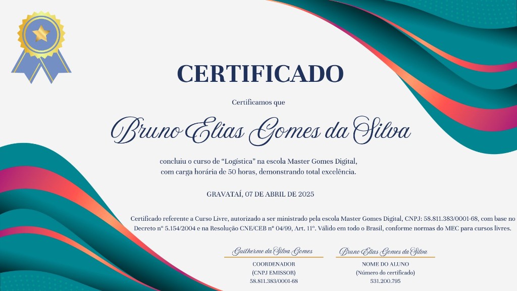 Exemplo de certificado de conclusão emitido pela Master Gomes Digital